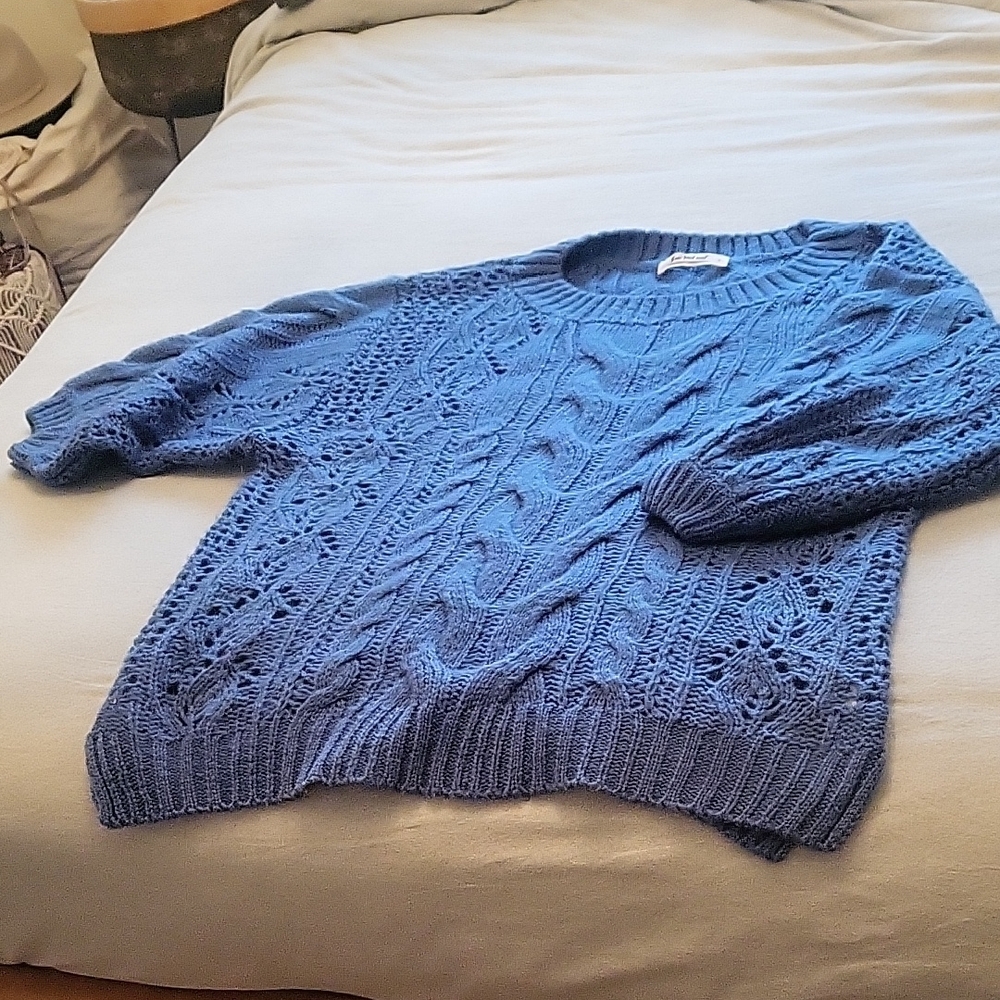 Three Bird Nest Blue Cable Knit Crew Neck Sweater